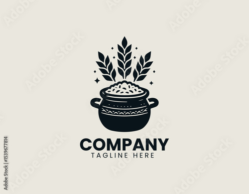 A vintage-style cooking pot with wheat stalks and rice grains in an ornate vector logo design for agricultural branding