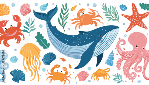 Hand drawn sea animals set. Wild marine life, seashells, fish, seaweed and corals. Whale, octopus, crab, seahorse, dolphin, killer whale, turtle, squid, cachalot. Vector.water, colourful, underwater, 