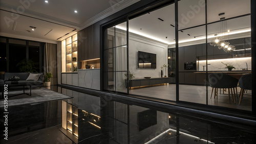 Wallpaper Mural Modern apartment with open floor plan featuring sleek furniture and large windows ideal for background Torontodigital.ca