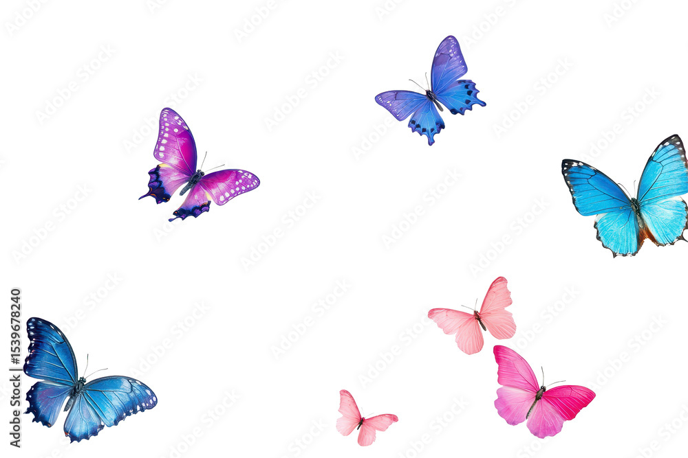 Fototapeta premium Vibrant butterflies in varied colors surrounded by delicate flowers on a white background capturing the essence of nature's beauty
