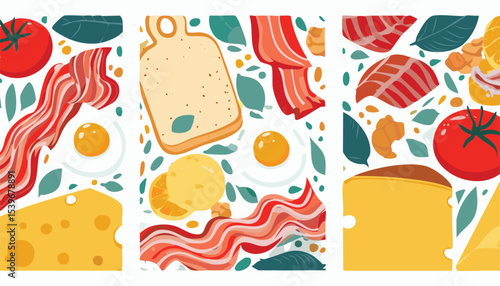 food posters for the kitchen. Trendy art prints hand drawn with eggs, bacon and tomatoes, pasta, bread, wine and cheese. Minimalist design for wall decor, restaurant menu,illustration, vector, 