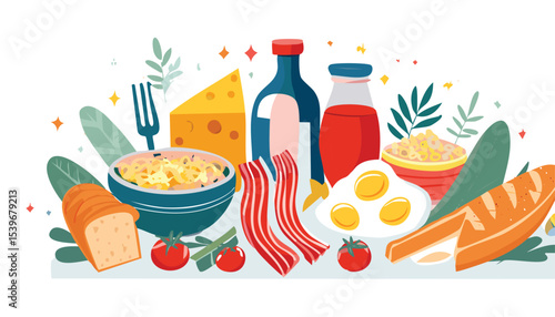 food posters for the kitchen. Trendy art prints hand drawn with eggs, bacon and tomatoes, pasta, bread, wine and cheese. Minimalist design for wall decor, restaurant menu,illustration, vector, 