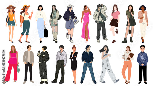 Illustration of diverse group of people in various outfits standing in a row against a white background