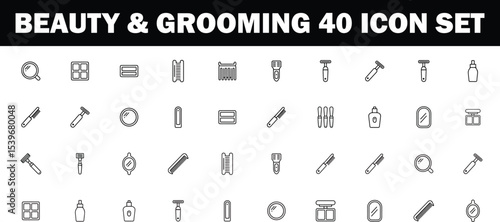 Beauty & Grooming Line Art Icon Set  Hair Care, Makeup Tools, Razors, Mirrors, Combs, Flat Irons & More | Vector Outline Collection for Branding & Design

