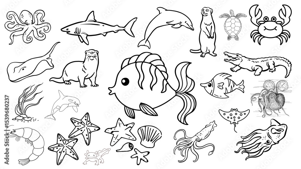 A collection of outlined sea creatures including fish, octopus, shark, and other marine animals drawing A collection of outlined sea creatures including fish, octopus, shark, and other marine animals drawing