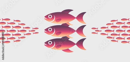 Three Large Fish Leading Schools of Smaller Fish
