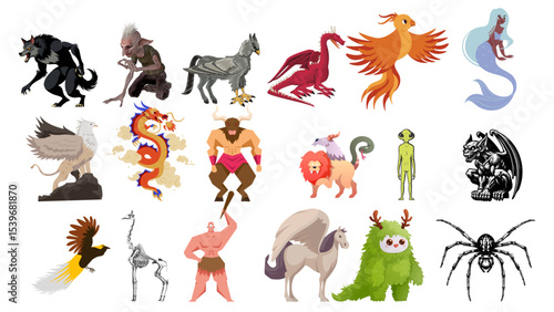 Illustration depicting a diverse array of mythical creatures and fantastical beings in various poses