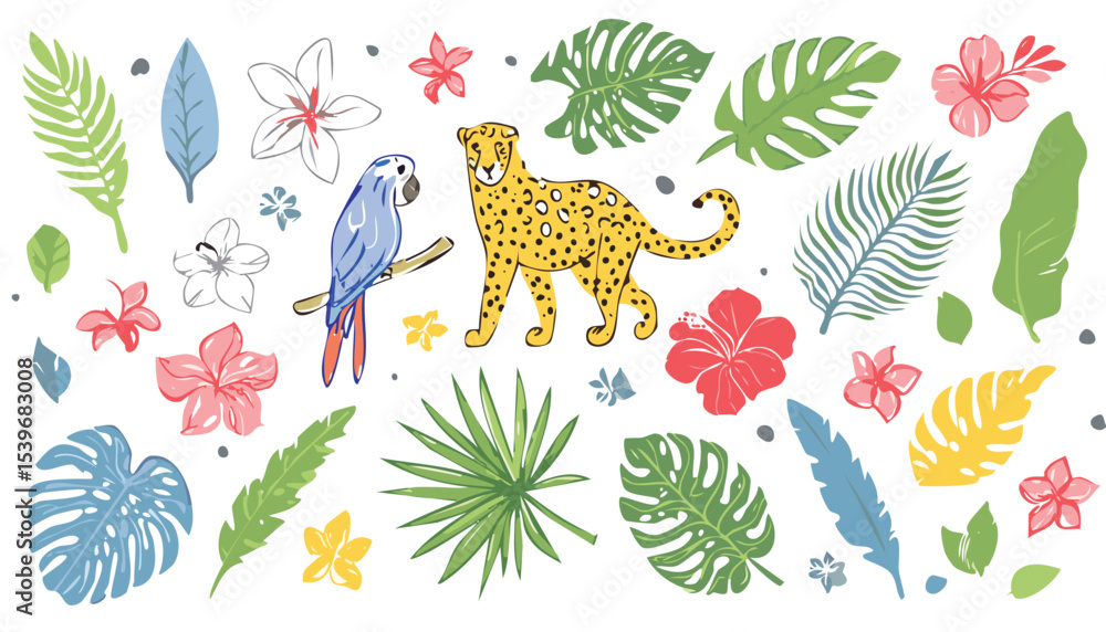 Obraz premium Set of tropical leaves, flowers and wild animal, birds drawing blue ink. Abstract palm, leopard, banana leaf, hibiscus, parrot, exotic plants, plumeria. Minimalist line sketch. Vector.palm, jungle, 