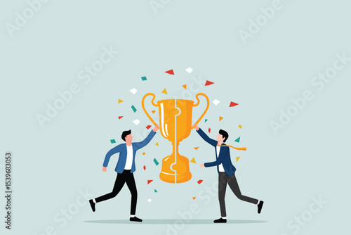 Agreement or solution to win together, solution for best result, teamwork to help success and achieve common goal concept, entrepreneur connects the pieces of the trophy puzzle to win together.