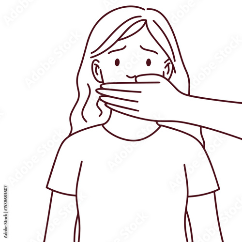 Line drawing of woman with hand covering her mouth. Represents emotional abuse, violence, and silencing in minimalistic style