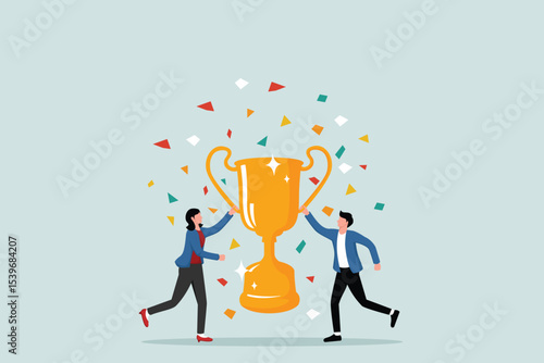 Flat illustration of businessman and businesswoman celebrate with trophy confetti symbolizing team success and partnership