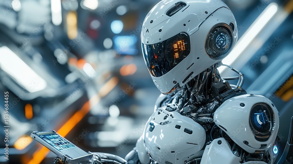 Fototapeta premium A futuristic robotic technician repairing an advanced industrial machine 