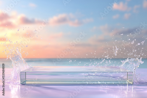 Floating Product Display Platforms – Glass & Concrete Surfaces with Ocean and Sky Backdrop