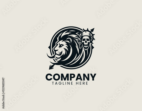Bold lion and skull combination with tribal elements in a striking vector logo design for edgy branding