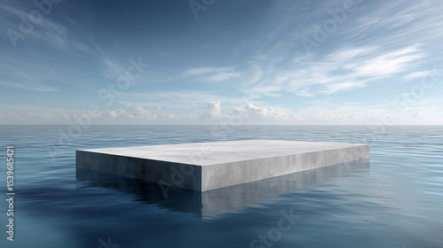 Floating Product Display Platforms – Glass & Concrete Surfaces with Ocean and Sky Backdrop
