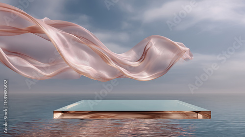 Floating Product Display Platforms – Glass & Concrete Surfaces with Ocean and Sky Backdrop