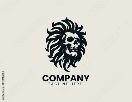A fierce lion head combined with a detailed skull in a bold symmetrical vector logo design for powerful branding