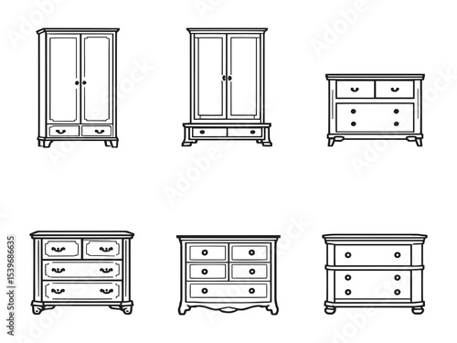 Black and white outline of a vintage dresser cabinet