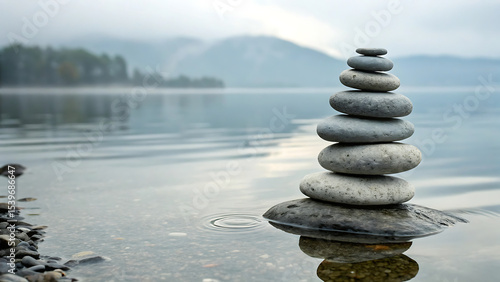 Wallpaper Mural Seven Stones Stacked on Lake Shore Serene Water Calm Misty Mountain Background Wallpaper Torontodigital.ca