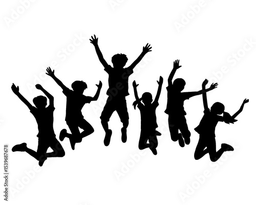 Silhouette of a group of children jumping, children jumping cheerfully and happily, isolated icon on white background
