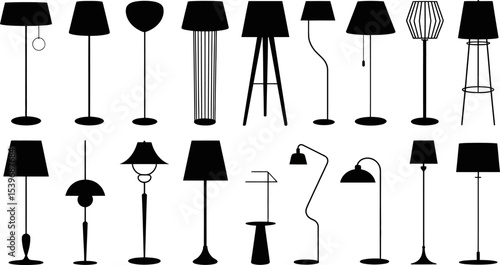 A collection of various floor lamp designs in black silhouette against a white background display artfully