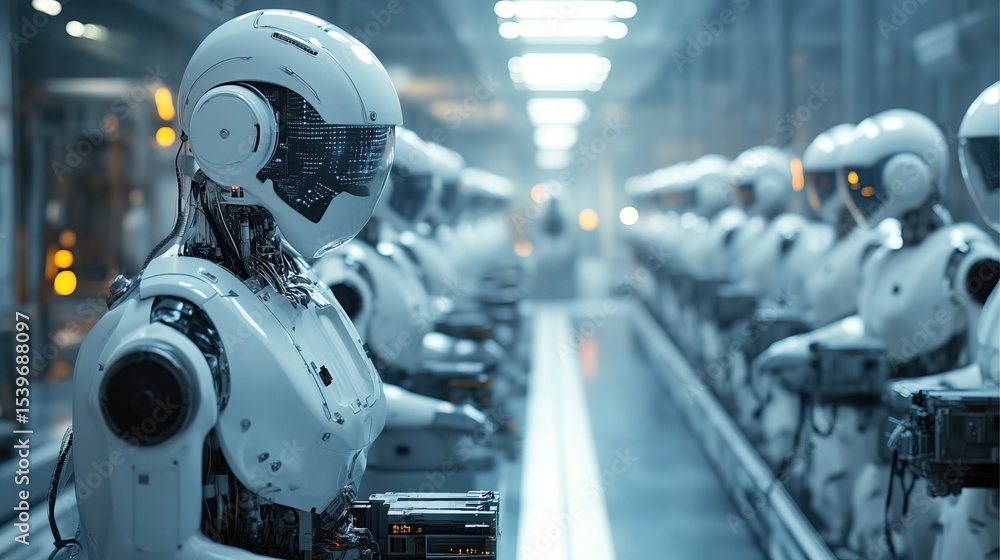 A futuristic factory entirely run by AI and monitored by human supervisors A futuristic factory entirely run by AI and monitored by human supervisors