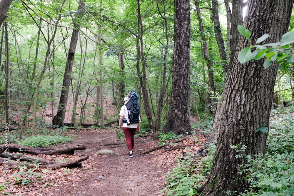 Fototapeta premium Mom carrying daughter in hiking backpack on nature trail in forest