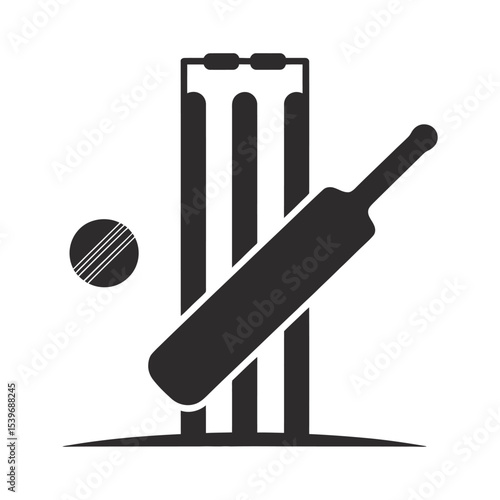 Cricket Equipment Icon with Bat, Ball, Stumps, and Bails

