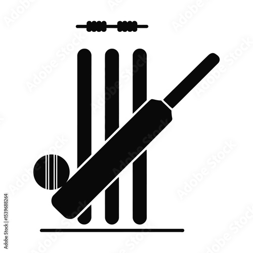 Cricket Equipment Icon with Bat, Ball, Stumps, and Bails

