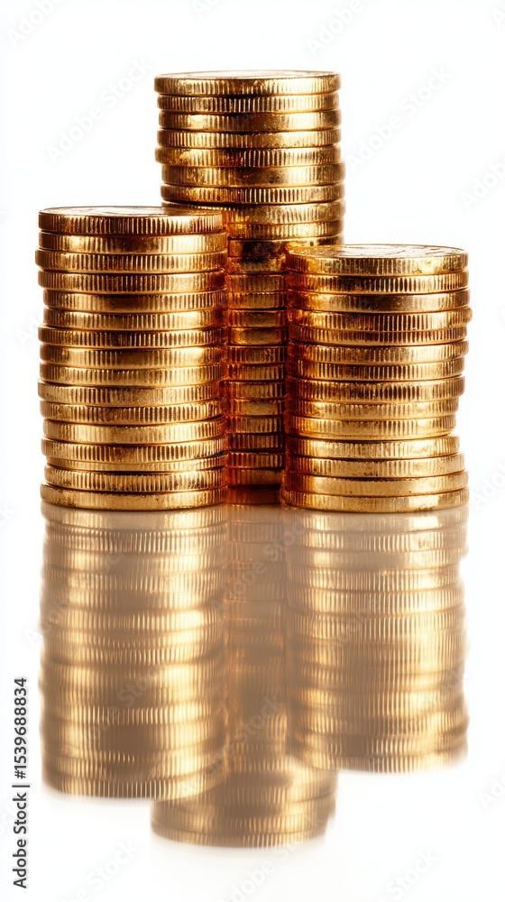 Stunning photo of five stacks of golden coins on a white background with reflection. Artwork illustration representing economy, savings, finance, and budgeting. Banks, financial. Stunning photo of five stacks of golden coins on a white background with reflection. Artwork illustration representing economy, savings, finance, and budgeting. Banks, financial.