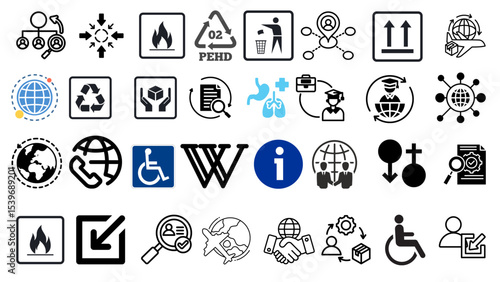 Collection of various business and informational icons including accessibility and recycling signs