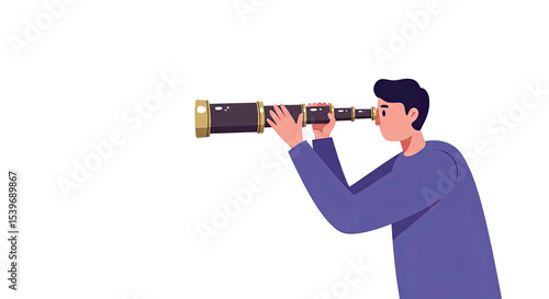 A person looking through a telescope on a black background illustration