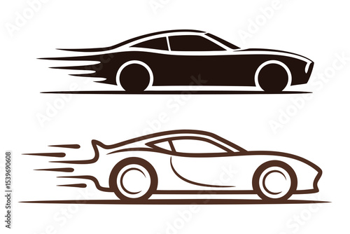 Fast Sports Car Logo, Set with Flames and Speed Motion Lines for Racing Team On White Background
