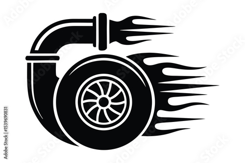 Automotive Turbo Icon, Vector Silhouette with Flames for Racing and Motorsport Emblem On White Background
