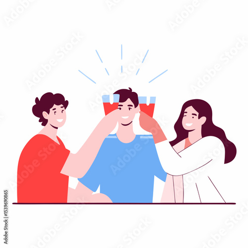 Three people clinking glasses in celebration flat design