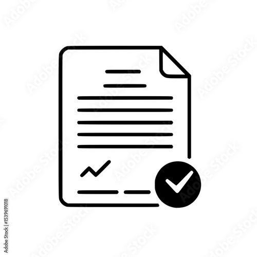 Vector illustration of a business document or contract with checkmark on the bottom right, outline style - approval, completion, or deal confirmation concept