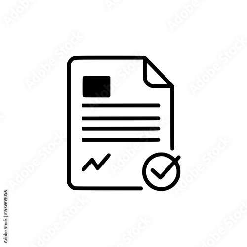 Vector illustration of a business document or contract with checkmark on the bottom right, outline style - approval, completion, or deal confirmation concept