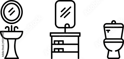 A simple line drawing of a bathroom with a sink vanity and toilet on a light gray background