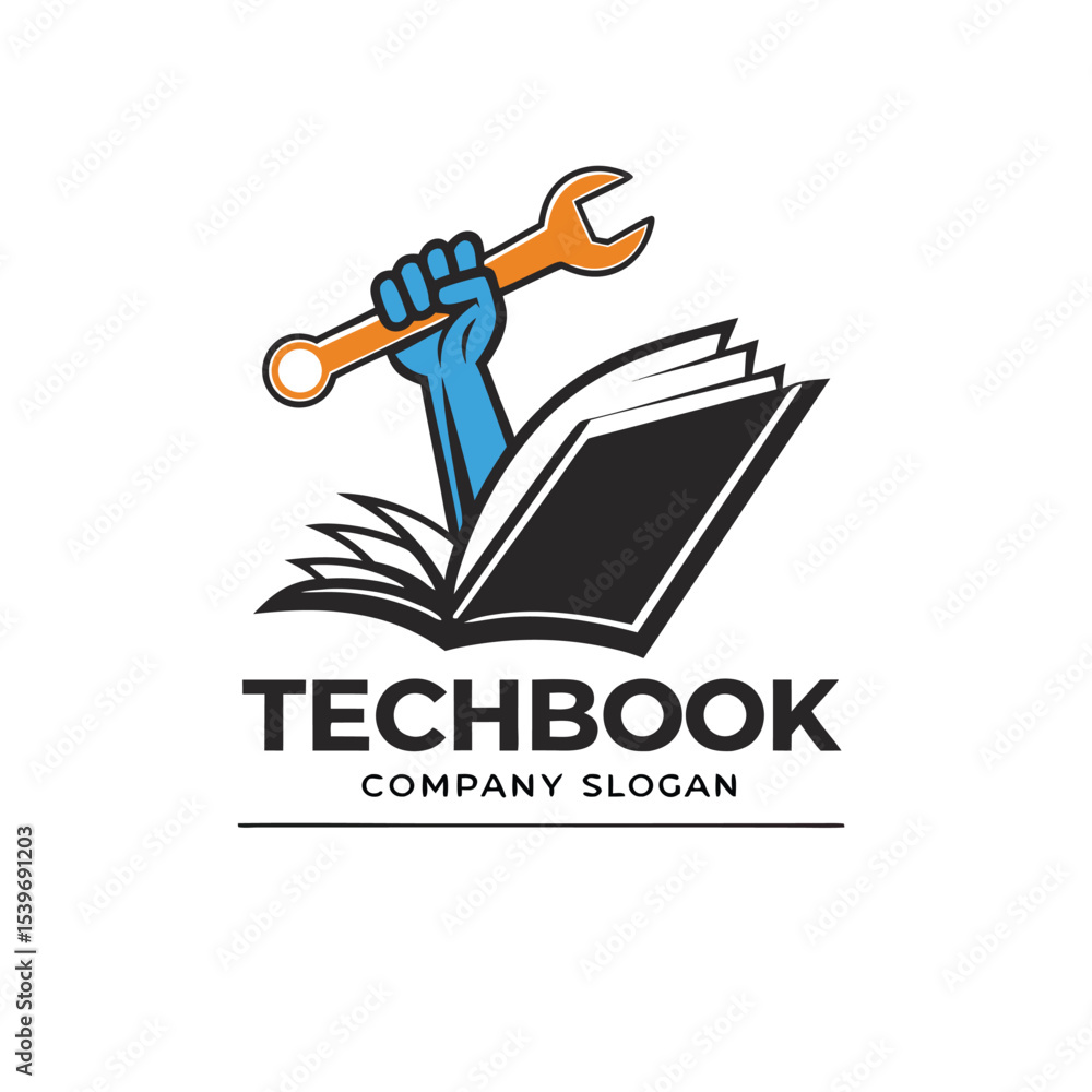 Techbook company logo design featuring a hand holding a wrench emerging from an open book with a simple modern and professional appearance Techbook company logo design featuring a hand holding a wrench emerging from an open book with a simple modern and professional appearance