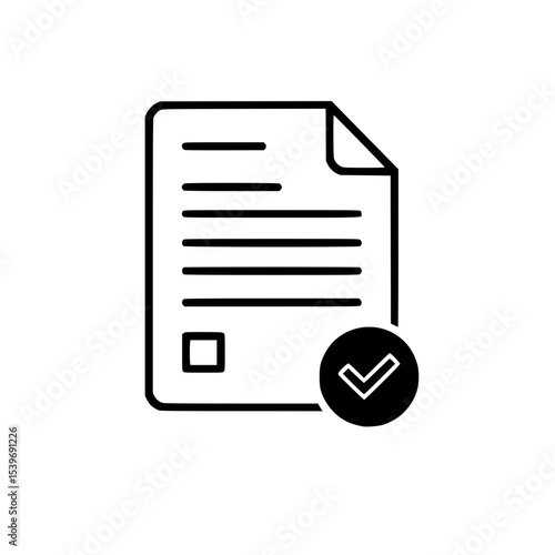 Vector illustration of a business document or contract with checkmark on the bottom right, outline style - approval, completion, or deal confirmation concept