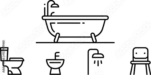 Line art illustration of bathroom fixtures including a tub toilet sink shower and chair on gray
