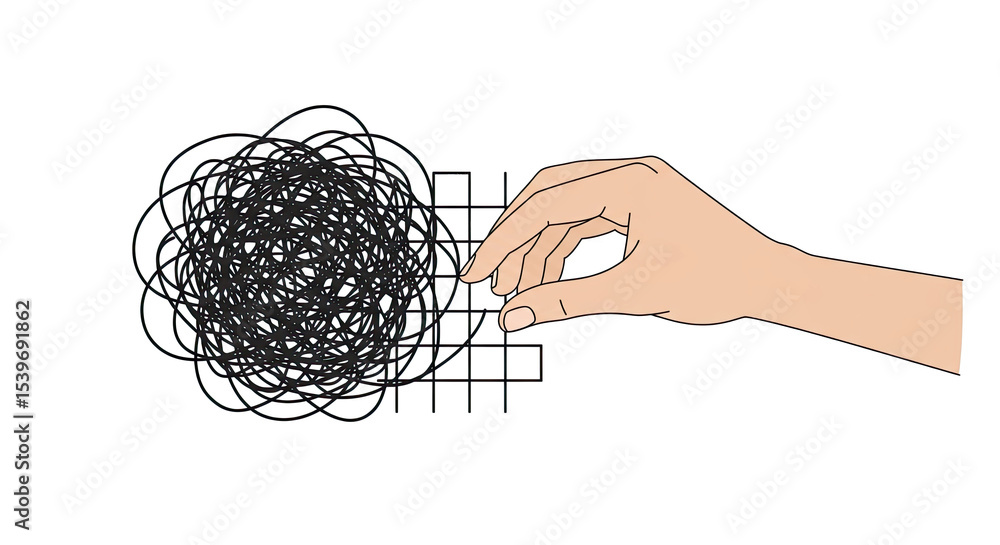 Hand approaching a tangled mess representing complexity on a black background Hand approaching a tangled mess representing complexity on a black background