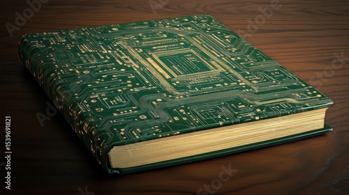 Conceptual Book Cover Design with Circuit Board Pattern on Dark Wooden Table