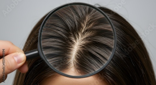 Scalp pores enlarged with a magnifying glass. Hair loss, scalp care concept.