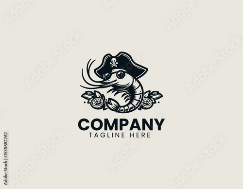 Bold shrimp pirate mascot character with wooden leg and treasure map in dynamic vector logo design