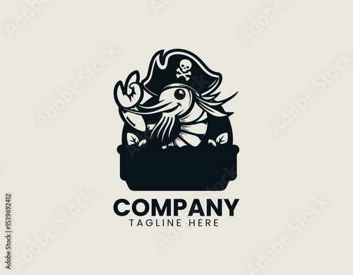 Bold shrimp pirate mascot character with wooden leg and treasure map in dynamic vector logo design