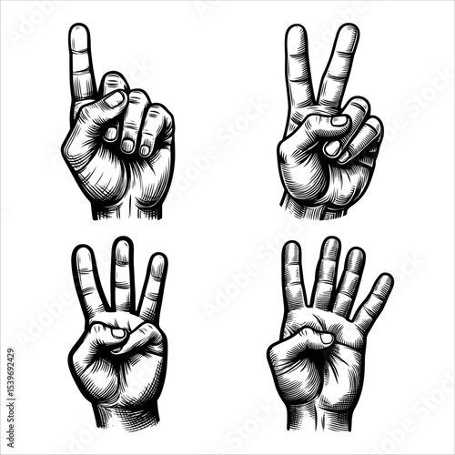 Hand drawn hand gestures counting fingers, vector design