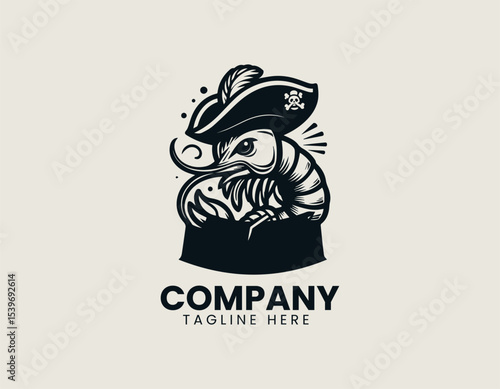 Bold shrimp pirate mascot character with wooden leg and treasure map in dynamic vector logo design