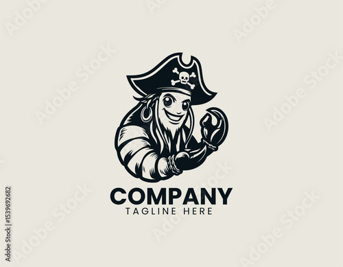 Cheerful shrimp pirate mascot character with pirate hat and hook hand designed as colorful vector logo illustration