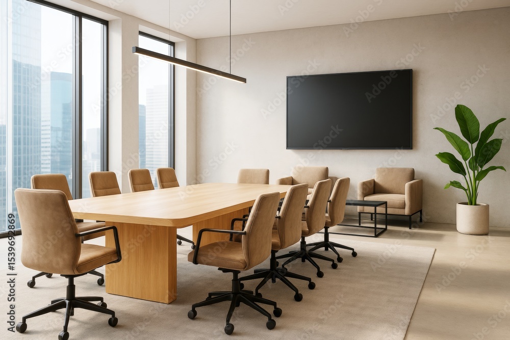 Fototapeta premium Modern corporate meeting room interior with clean wooden table, office chairs, large TV screen, and city view through glass windows.